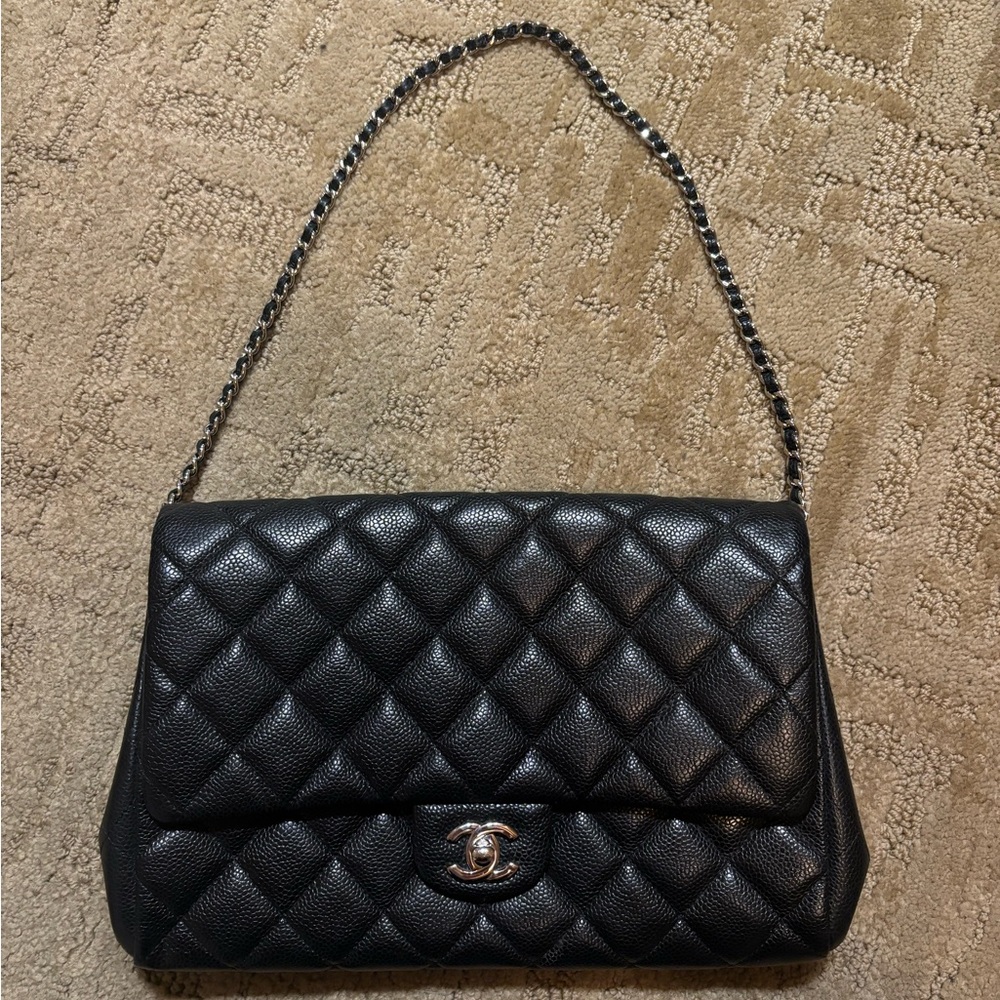 Chanel Timeless Clutch with Chain in Black Caviar